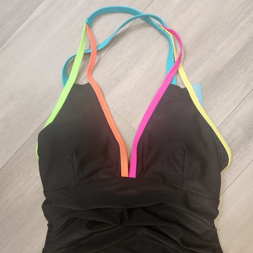 Neon straps swimsuit M black one piece deep V swimwear tummy control shaper new - Picture 4 of 12
